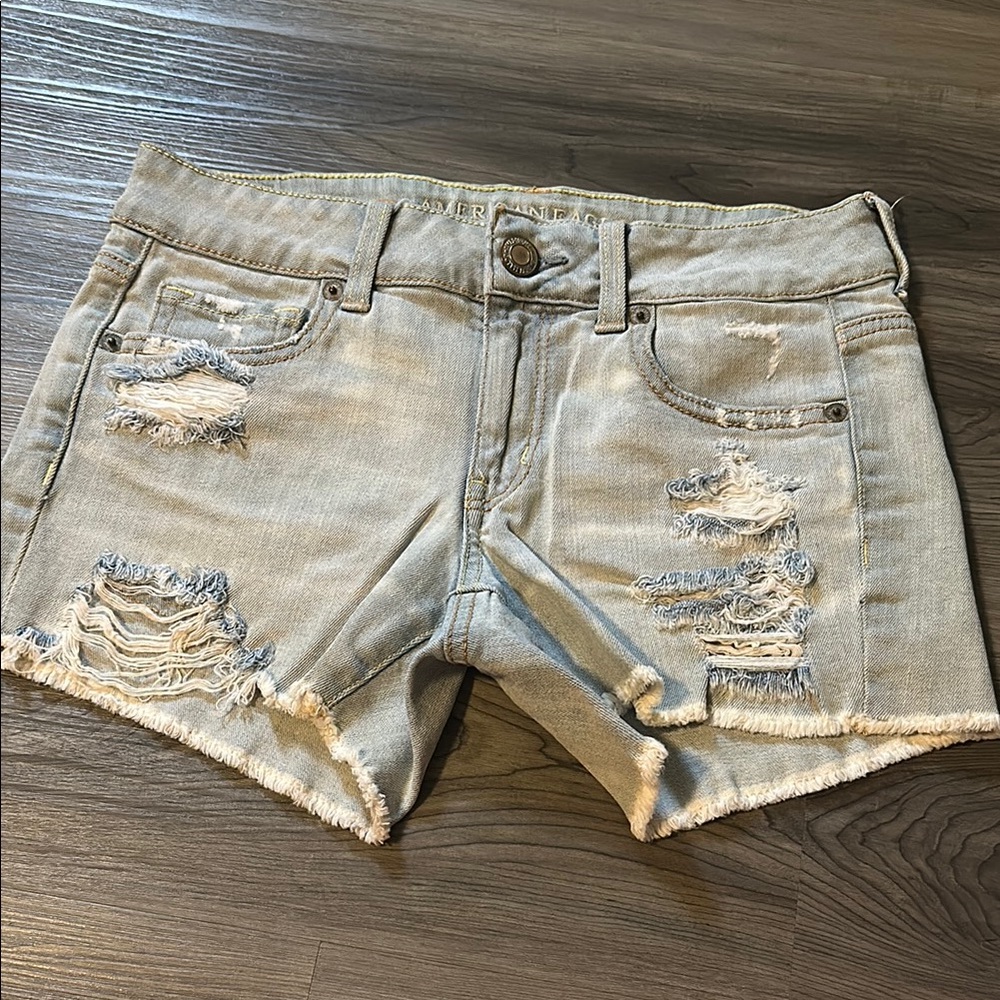 American Eagle Outfitters Women's Distressed Low Rise Blue Jean Shorts